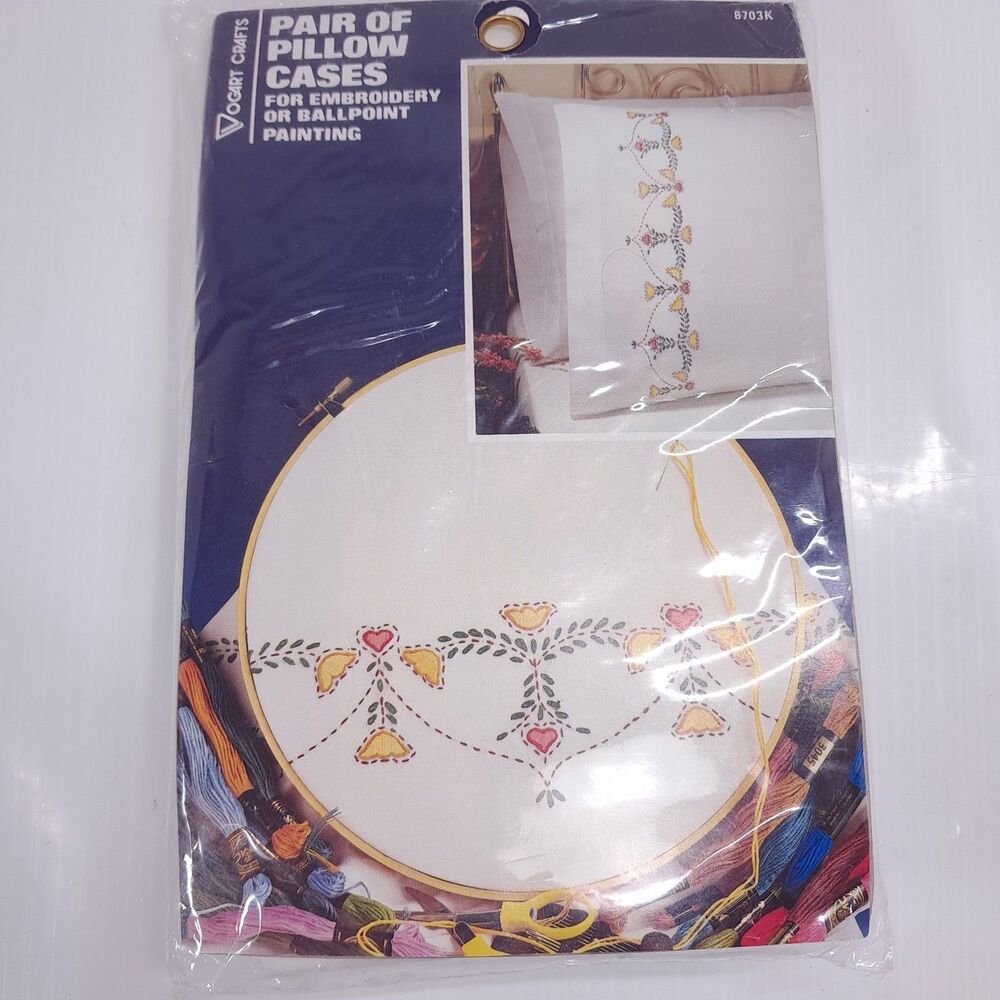 Vogart Crafts Pillowcase Set embroidery ballpoint paint tulip floral heart 8703k